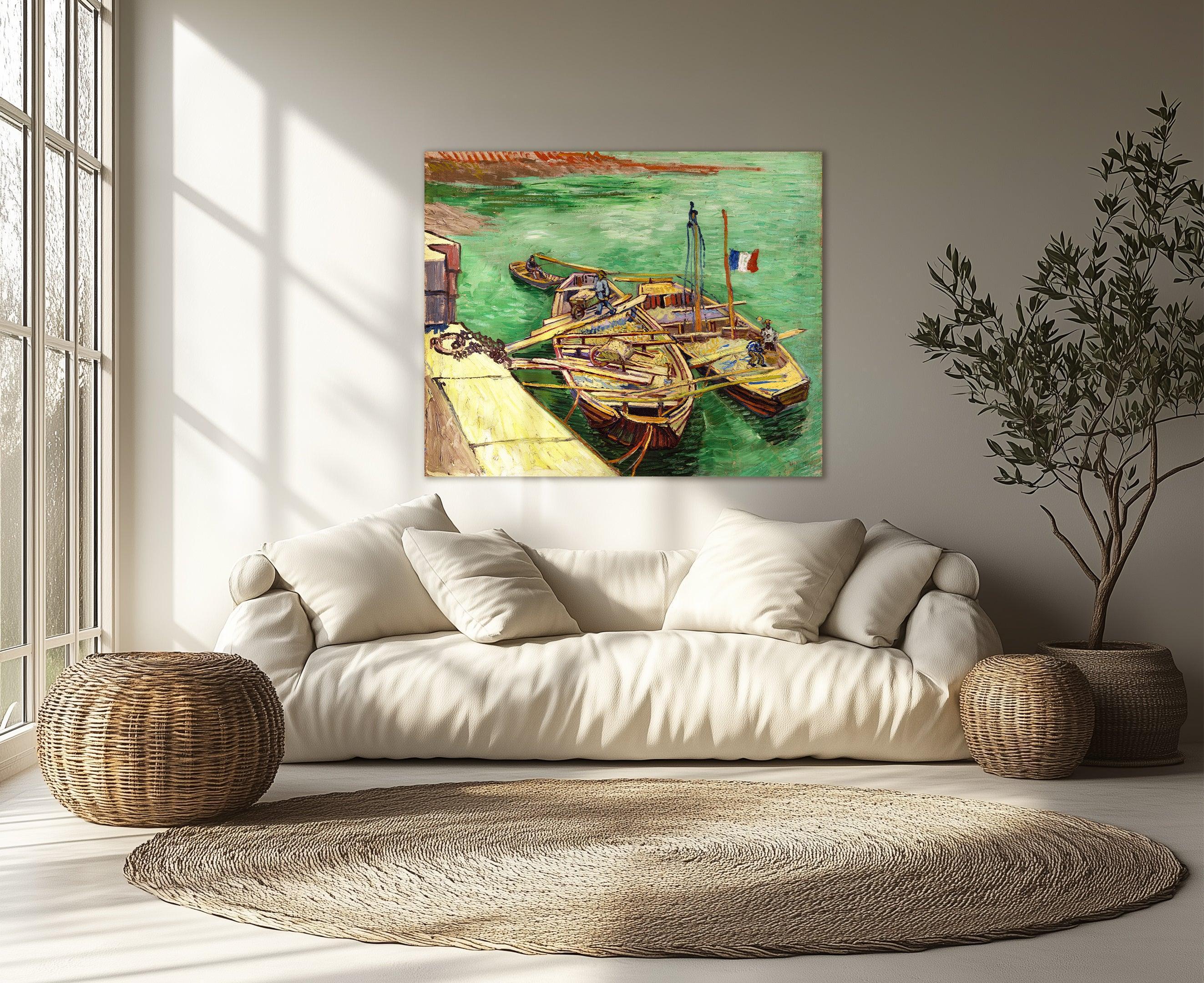 Quai avec des hommes déchargeant des barges de sable, Van Gogh