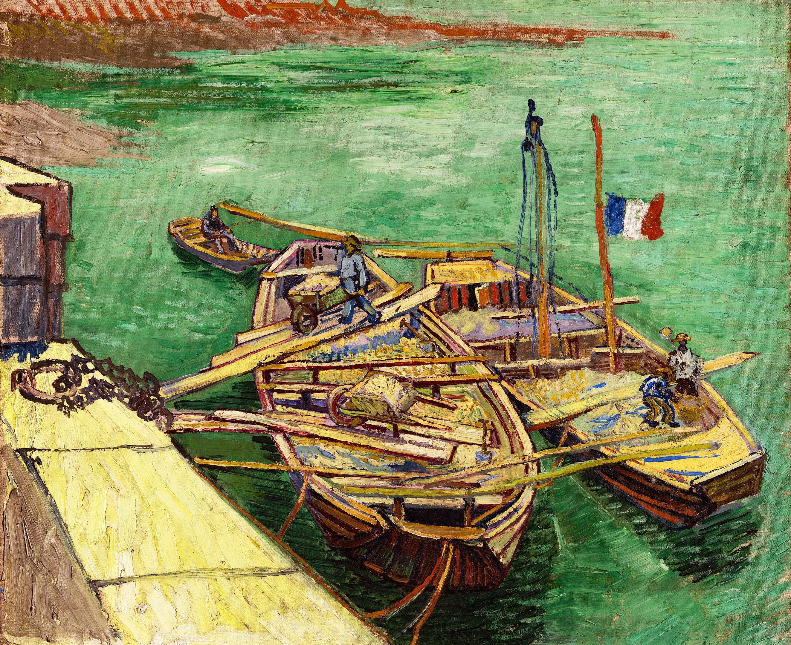 Quai avec des hommes déchargeant des barges de sable, Van Gogh